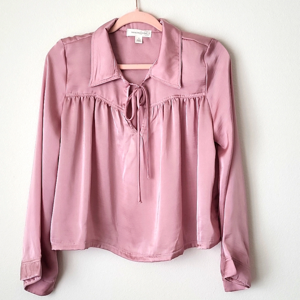 Pink Satin Crop Top Long Sleeve Treasure & Bond V neck Size M